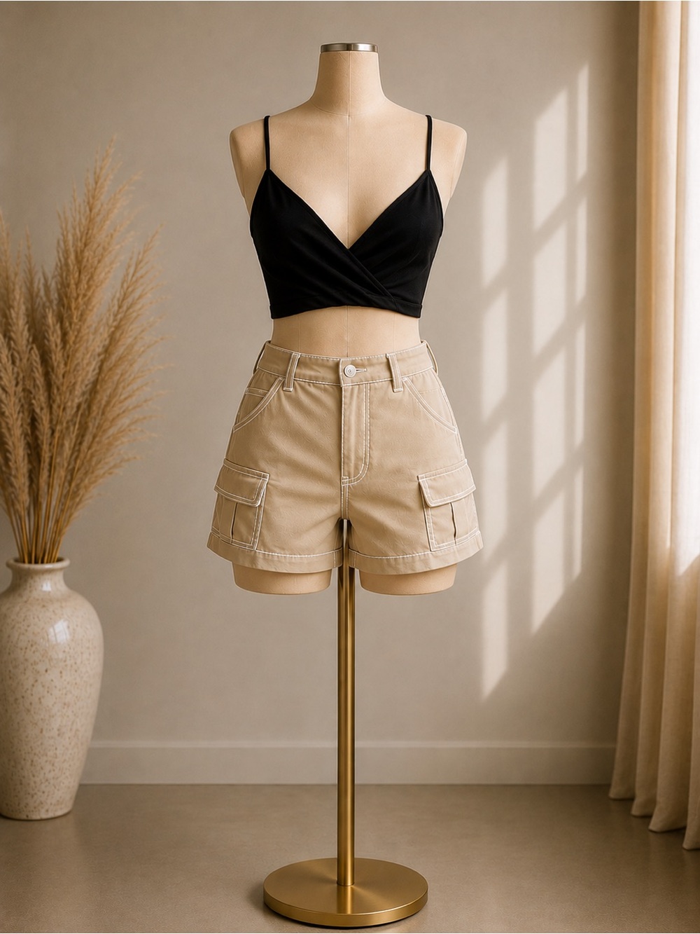 Beige Utility Cargo Shorts - Women